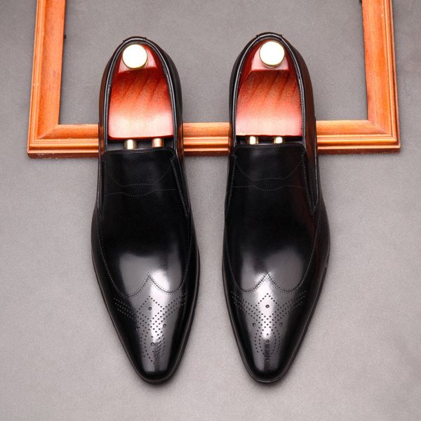 

genuine leather genuine smooth bullock shoes slithering on pointy finger waxing formal male proess dress g9, Black