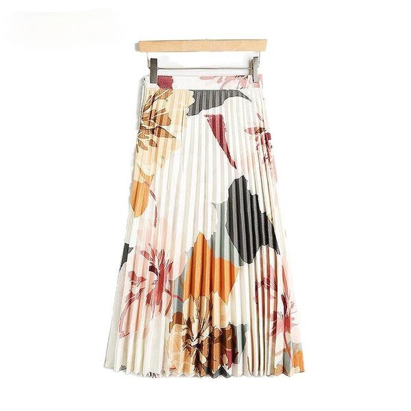 

skirts women 2021 spring summer fashion midi long skirt female high waist a-line ladies floral print pleated f391, Black