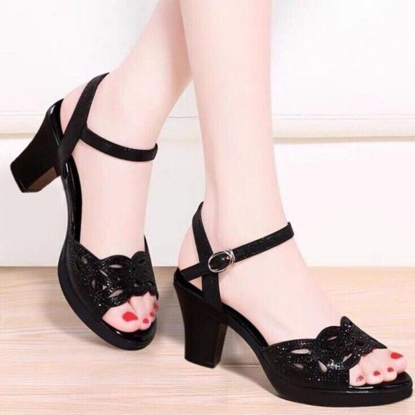 

thick heel sandals women's summer high buckle strap woman shoes rhinestone heels women platform, Black