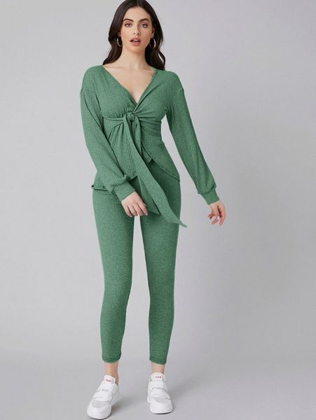 

tie front rib-knit & leggings set 16wm#, White