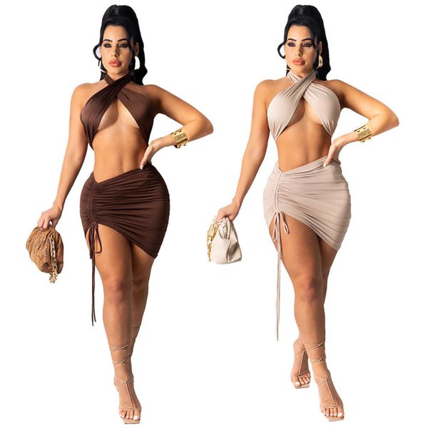 

women's solid color bra backless drawstring skirt suit, Red;black