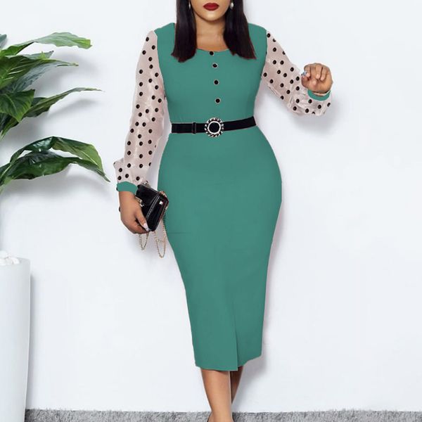 

dress women's dresses the neck of transparent mesh long sleeves polka dot elegant elastic office modest female african fashion lady 8ph, Black;gray