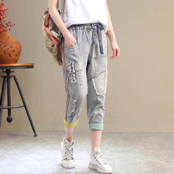 

arrival arts style summer women loose casual denim ripped jeans all-matched elastic waist patchwork harem pants a103 women's, Blue