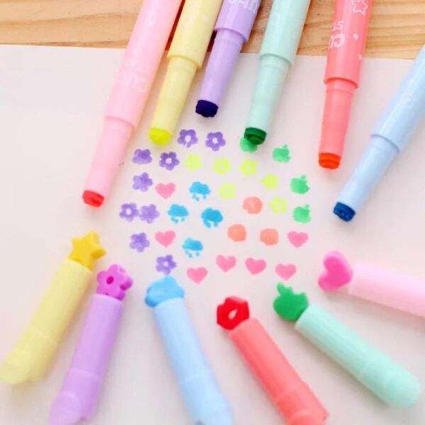 

highlighters 12pcs creative 6 colors multi-functional candy color head singular highlighter pen flash marker school student, Black;red