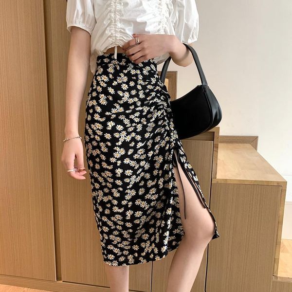 

skirts summer 2021 skirt geometric flower printed faldas ladies high waist a-line split irregular midi mujer plus size, Black