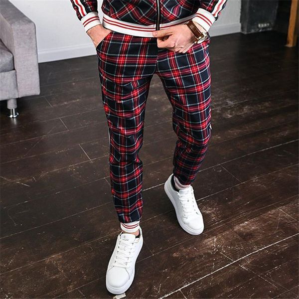 

men joggers pants 3d print grid pants patchwork sweatpants casual fashion trouser slim classic sportswear pants, Black
