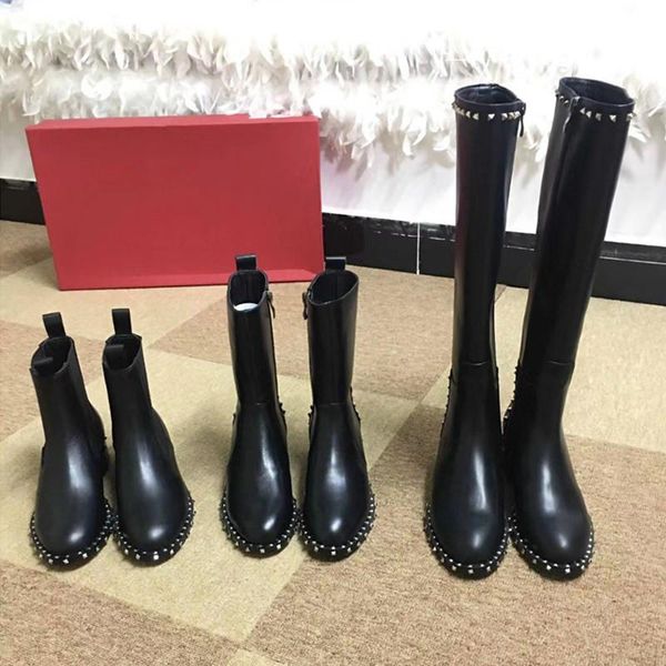 

boots fashion rivets long women zip black genuine leather brand design knee high shoes mid heels round toe booties zapatos mujer