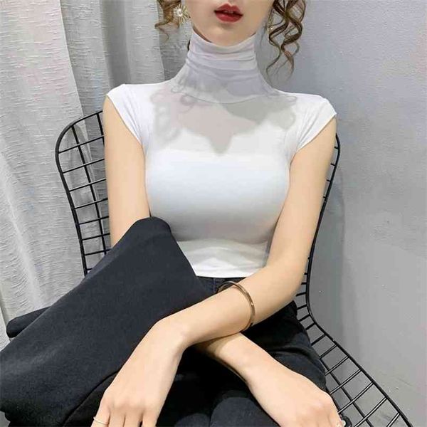 Wwenn Mangleess Turtleneck Camisetas Camisas de Algodão Verão Camisas Mulher Coreana Estilo Slim T-Shirt das Mulheres Tees Tees Tops 210507