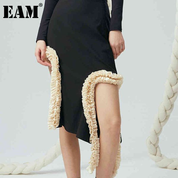

[eam] high waist black hollow out ruffles floral irregular long half-body skirt women fashion spring summer 1dd6217 21512