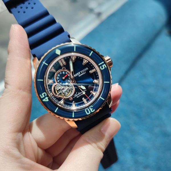 

wristwatches reef tiger/rt luxury dive watches for men automatic rose gold blue rubber strap relogio masculino rga3039, Slivery;brown