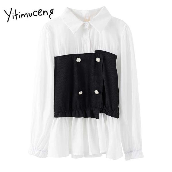 

yitimuceng fake 2 pieces blouse women patchwork button up shirts long sleeve turn-down collar straight spring fashion 210601, White