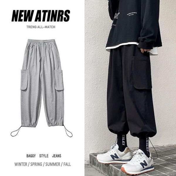 

men's pants cotton sweatpants fashion pocket casual men streetwear korean loose hip-hop straight-leg mens trousers m-2xl, Black
