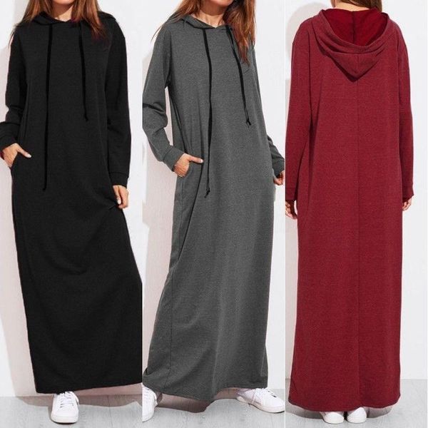 

casual dresses women maxi dress autumn vintage hooded sweatshirt winter long sleeve hoodies vestidos robe femme, Black;gray