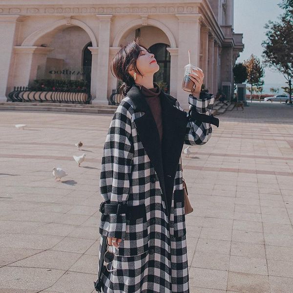 

women's wool & blends 2021 retro houndstooth hepburn wind woolen coat ladies long elegant and fashionable cotton plaid stitching, Black