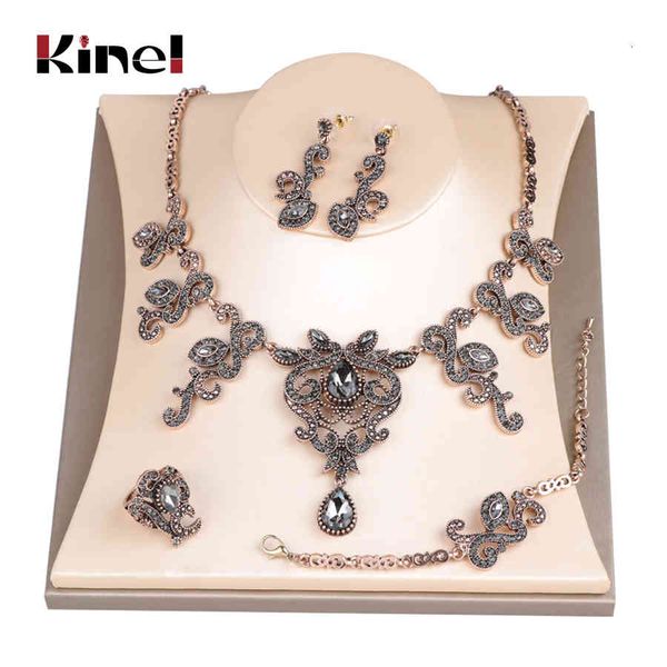 

jewelry sets kinel unique grey crystal wedding set antique gold turkey flower earring necklace bracelet ring for women love gift, Black