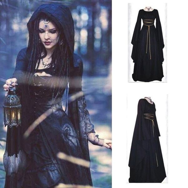 

casual dresses fashion vintage women's medieval gothic round neck belt long sleeve cosplay dress halloween party gown #40, Black;gray