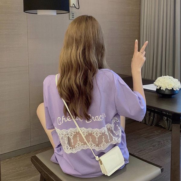 

women's t-shirt hollow out lilac cotton t shirt women 2021 summer lace patchwork harajuku loose short sleeve long tees female, White