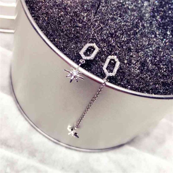 

japanese and korean style s925 silver needle women's asymmetric six star zircon tassel earrings, Black