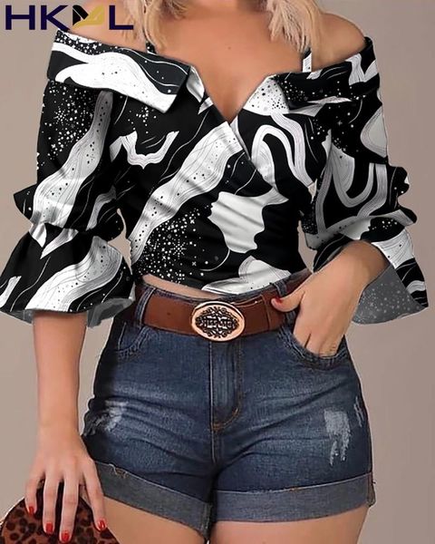 

women's blouses & shirts women v-neck cold shoulder bell half sleeve black and white pattern print fashion casual 2021