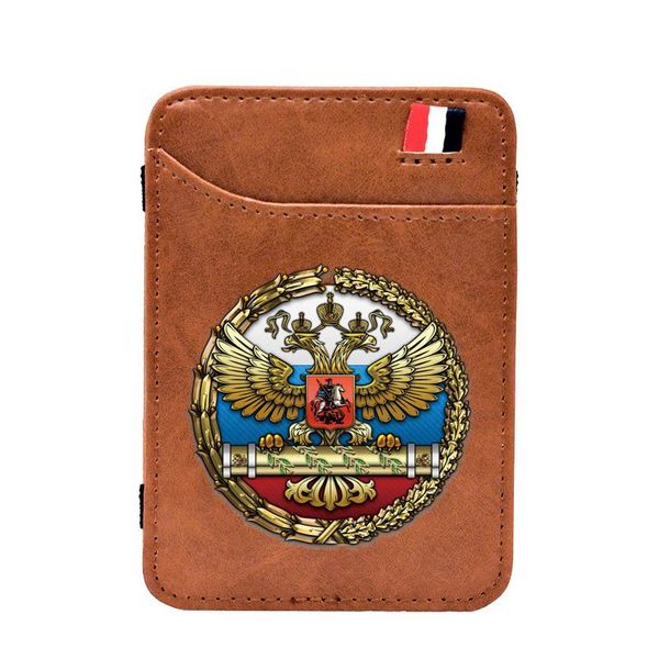 

card holders vintage classic russian army command pu leather magic wallet military men women mini thin money clips holder purse, Brown;gray