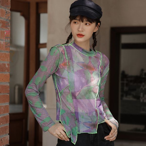 

vintage t shirt women printing with irregular stitching mesh spring summer long sleeve shirts female fashion 2d1175 210507, White