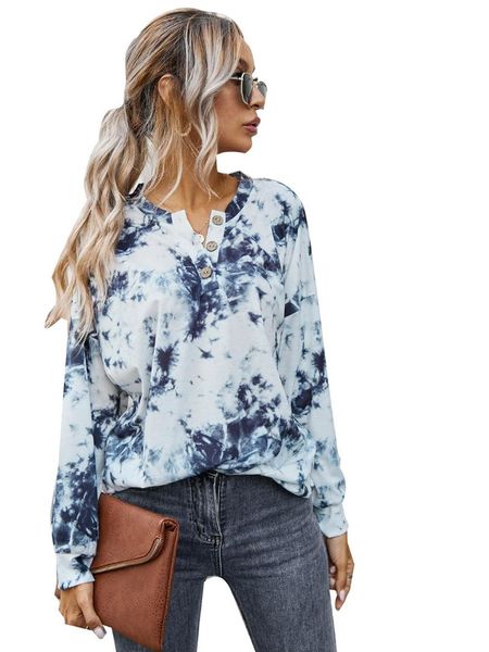 

unique nature womens tie dye pullover sweatshirts long sleeve v neck button down tee loose fitting tunic henley shirts women's blouses, White