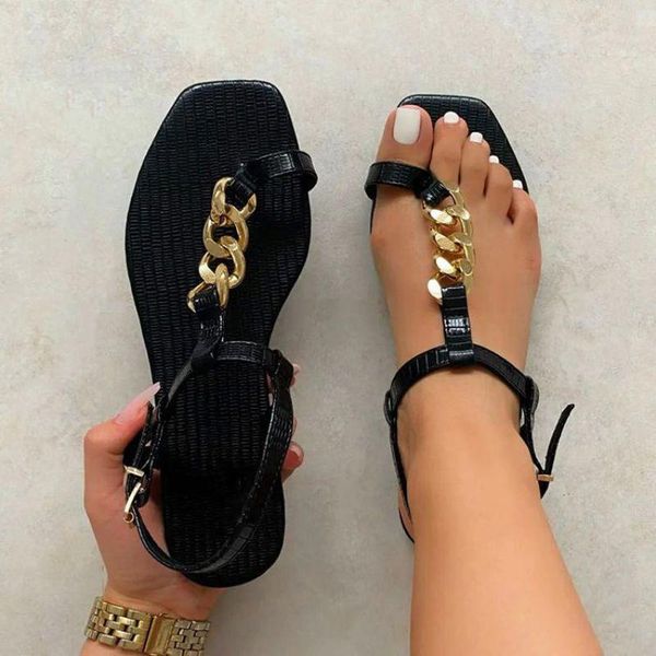 

sandals women summer flats slippers shoes 2021 fashion metal chain flip flops ladies open toe buckle female, Black