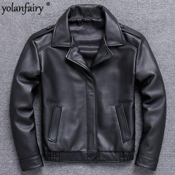 

men's leather & faux 2021 short genuine cow jacket men cowhide casual coat flight autumn mens jackets slim 9-1615 kj2281, Black