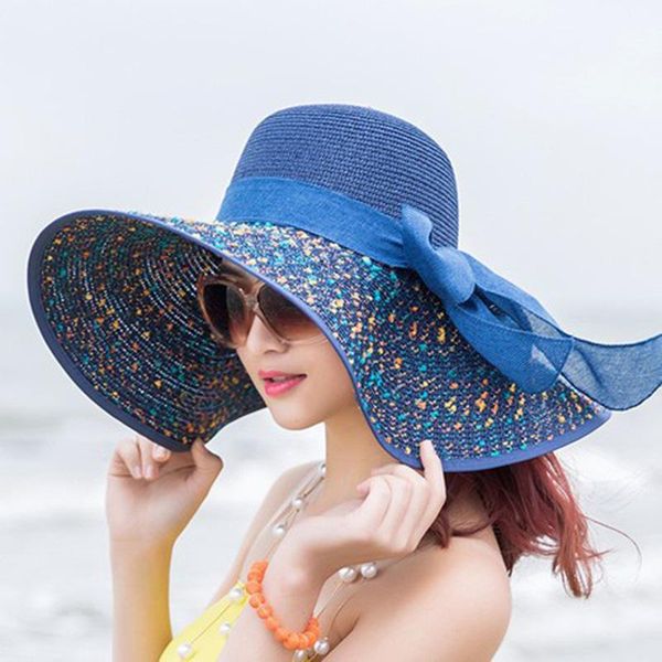 

wide brim hats summer female colorful embroidered sun big straw bow hat beach cap women collapsible uv protected, Blue;gray