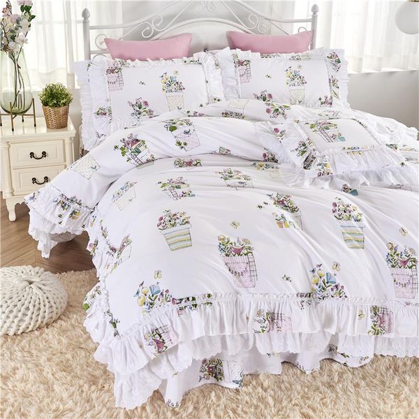 

bedding sets korean pastoral princess lace ruffles floral skirt set girl cotton ropa de cama pillow sham duvet cover