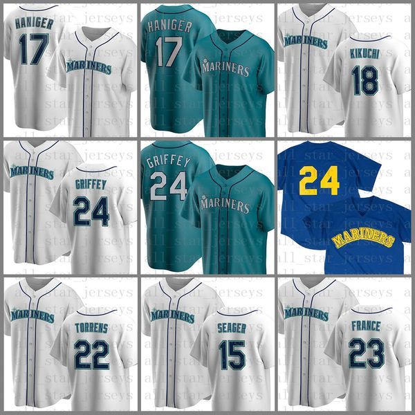 

24 ken griffey jr. seattle custom mariners baseball jersey 17 mitch haniger 18 yusei kikuchi 22 robinson cano kyle seager nelson cruz white, Blue;black