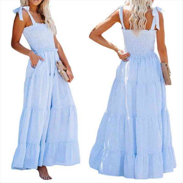 

women sleeveless maxi dress adults summer tie-up striped loose ruffles boat neck dresses, Black;gray