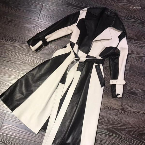 

yoloagain women white black patchwork real genuine leather jacket long1