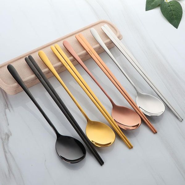 

korean eco-friendly metal chopsticks spoon long handle cutlery set kids outdoor portable picnic tableware stocked chopstick