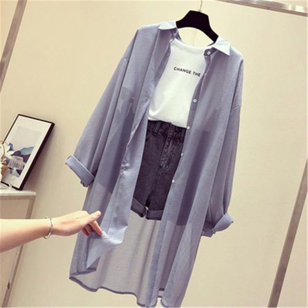 

women's knits & tees 2021 summer see through blouses women turn-down collar loose plus size chiffon kimono cardigans black white shirt