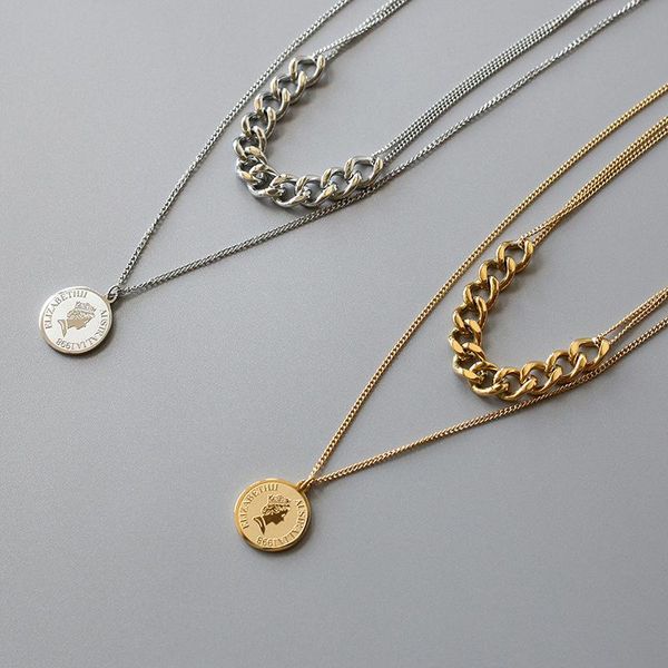 

pendant necklaces 316l stainless steel two layered queen toggle clasp coin for women circle vintage necklace, Silver