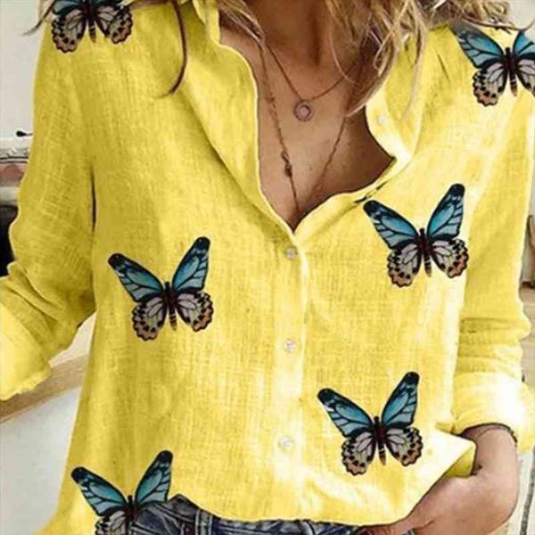 

women casual long sleeve butterflies print single-breasted office shirt womens shirt womens blouse fashion women blouse, White