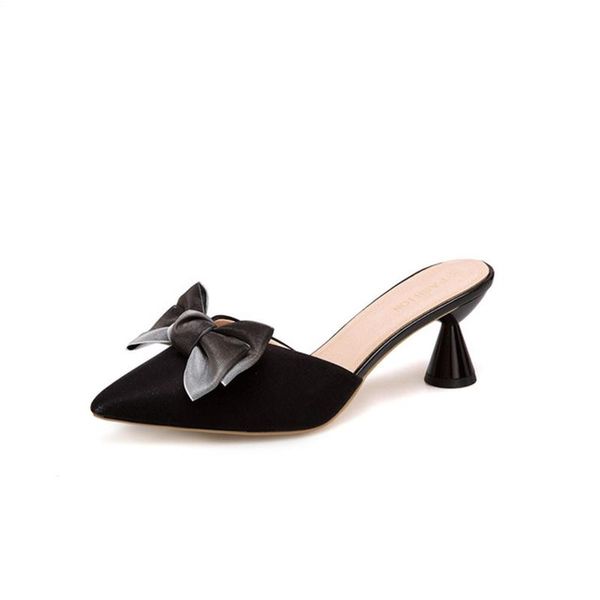 

slippers women's shoes 2021 summer style thick high-heeled pointed satin bow sweet and thin, wearing sandals half drag, Black