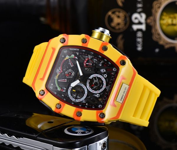 

2021 luxury watches men's five-pin series all dials work quartz watch richard brand stylish rubber strap fashion tonneau shap, Slivery;brown