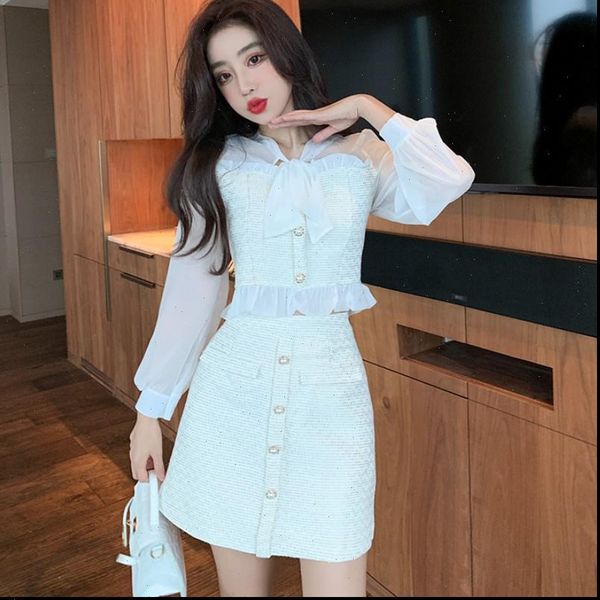 

autumn elegant 2 piece women dress sets sweet bow chiffon patchwork tweed shirt mini skirt suit, White