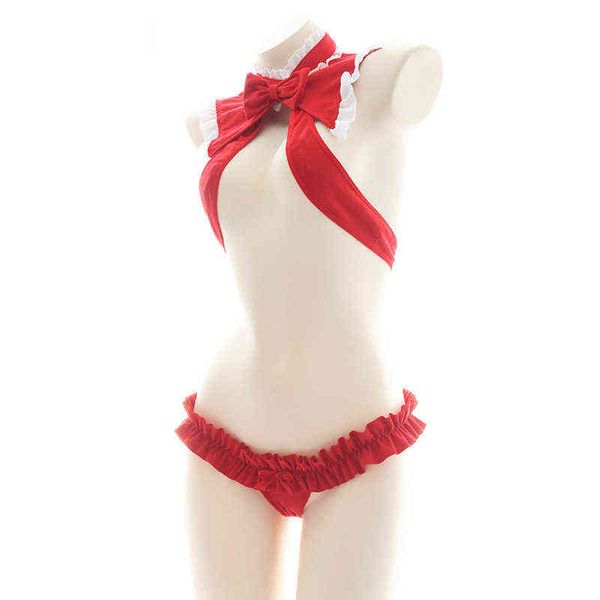 

nxy setsanta costume christmas lingerie set cute hollow out bikini bowknot ruffle halter neck bra rabbit tail briefs anime cosplay 1127, Red;black