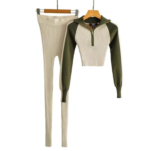 

women's two piece pants sweater set women fashion long sleeve crop + high waist pant tracksuit female outfit 2021, White