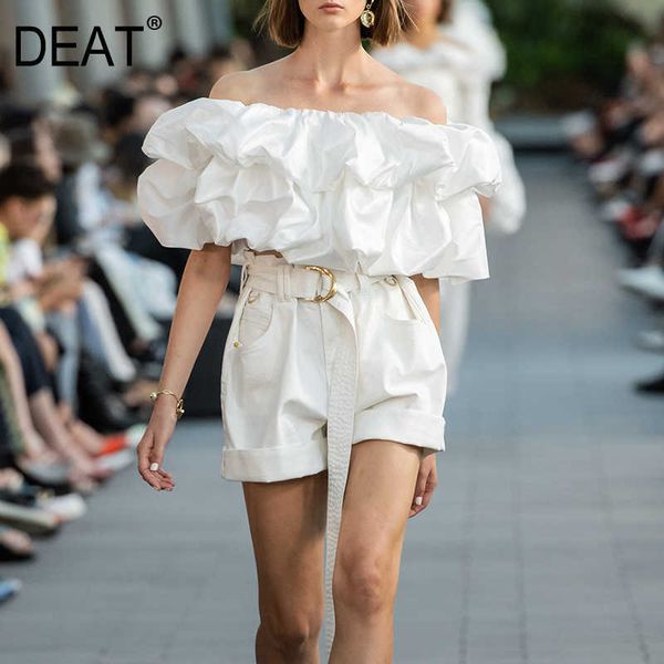 

[deat] summer fashion solid color slash neck lantern sleeve ruffles temperament elegant women shirt 13q265 210527, White