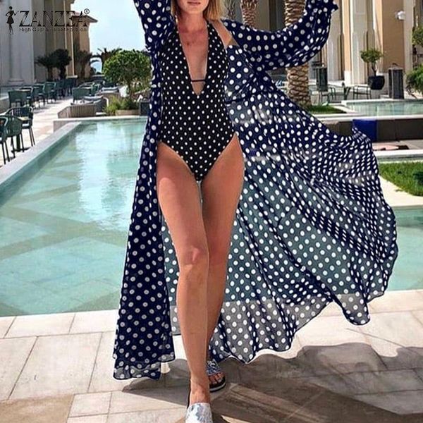 

women's swimwear 2021 women behemian cardigan zanzea summer polka dots long shirts casual ladies loose cover-ups holiday beach oversize, White;black