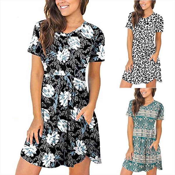 

fashion short sleeve casual womens dresses printed summer vestido de mujer, Black;gray