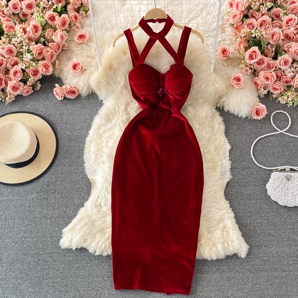 

black/red velvet party spaghetti strap bodycon dress for women autumn winter halter sleeveless hollow out party vestidos 2022, Black;gray
