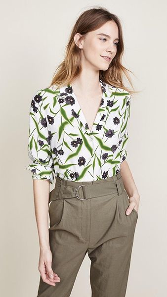 

women's blouses & shirts romantic green leaf flower silk shirt fresh custom printed long-sleeved, White