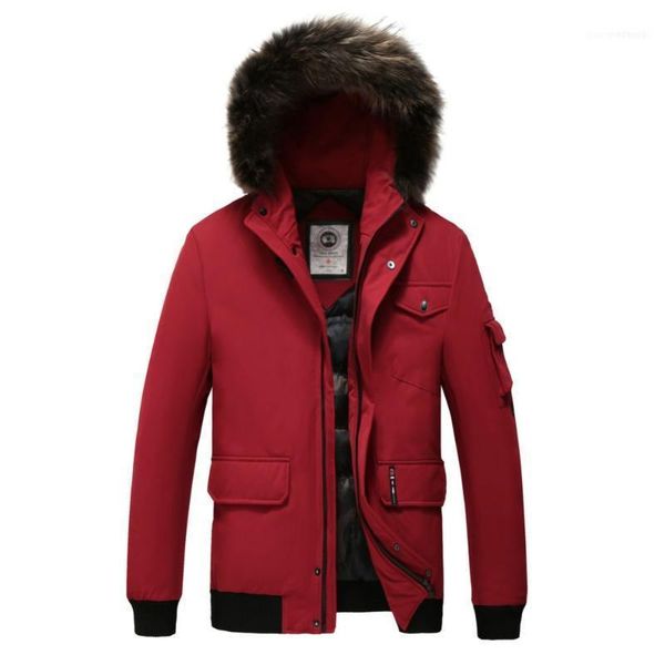 

winter men's hooded down jacket with removable real fur thick white duck men clothing short casual loose zipper coat1, Black