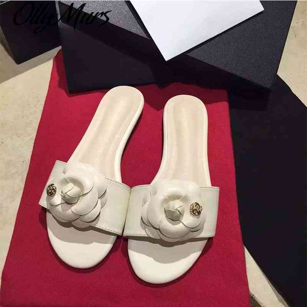 

ollymurs summer new flower docoration women slippers runway brand genuine leather flats girl casual beach sandals shoes, Black