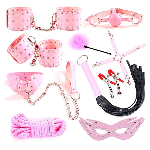 Massagem 10 pçs produtos sexy brinquedos eróticos para mulheres bdsm sexy bondage conjunto algemas grampos de mamilo mordaça chicote corda adulto brinquedos sexy para casais